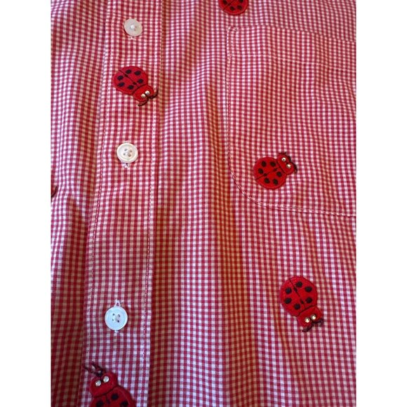 Vintage 80 Red & White Gingham Button-Up Shirt Ladybug Embroidery 1X Cotton - Picture 2 of 7